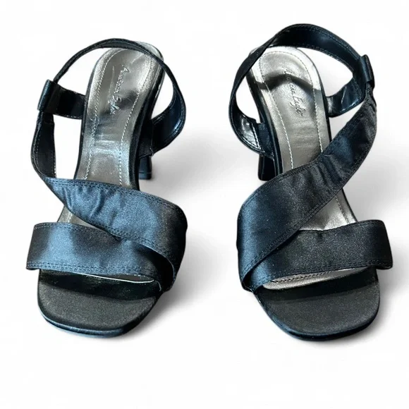 AMERICAN EAGLE Black Satin Heeled Sandals With Ankle Strap 6 1/2 Good Condition - Picture 2 of 8